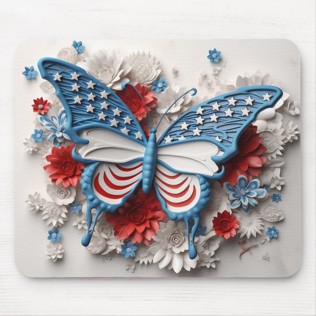 RED WHITE BLUE PATRIOTIC BUTTERFLY & FLOWERS MOUSE PAD (Front)