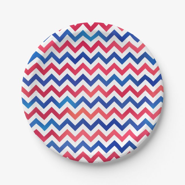 Red White Blue Patriotic Chevron Zig Zag Stripes Paper Plates (Front)