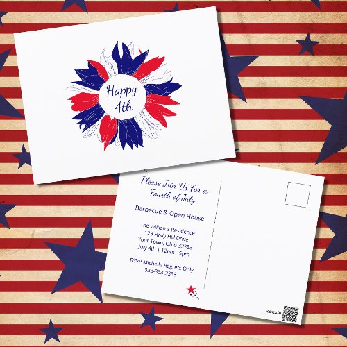 Red White Blue Patriotic Floral Fourth of July BBQ Holiday Postcard