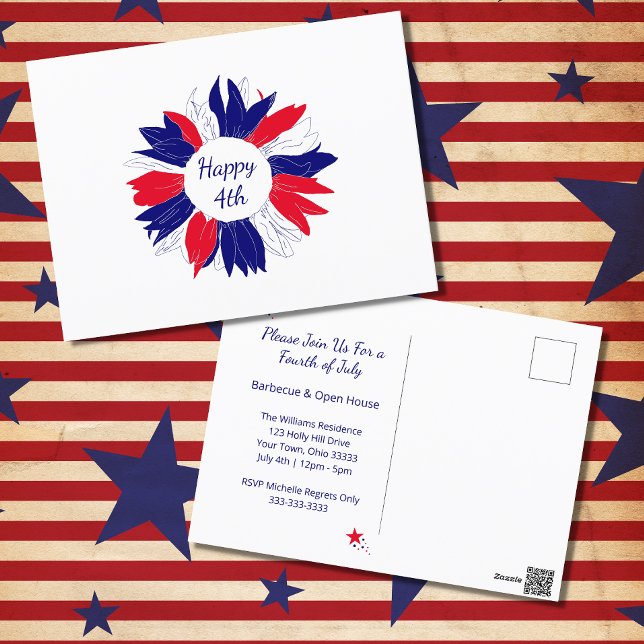 Red White Blue Patriotic Floral Fourth of July BBQ Holiday Postcard (Creator Uploaded)