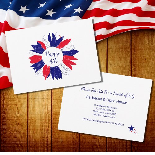 Red White Blue Patriotic Floral Fourth of July BBQ Invitation