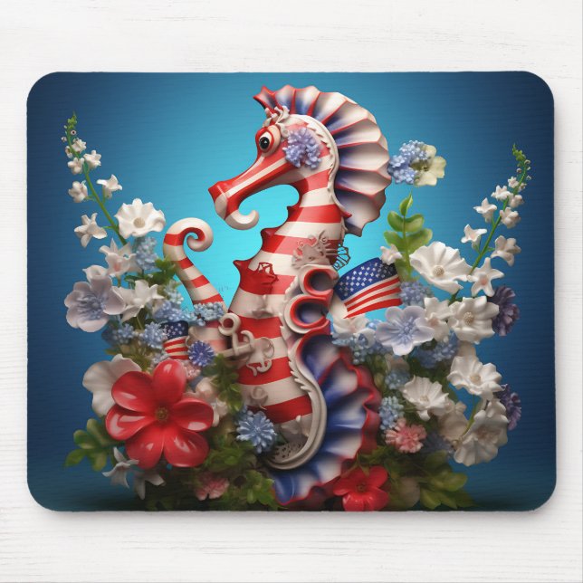 RED WHITE BLUE PATRIOTIC SEAHORSE AND FLOWERS MOUSE PAD (Front)