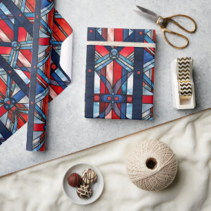 Red White Blue Patriotic Stained Glass 4th of July Wrapping Paper