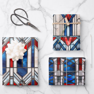 Red White Blue Patriotic Stained Glass 4th of July Wrapping Paper Sheets