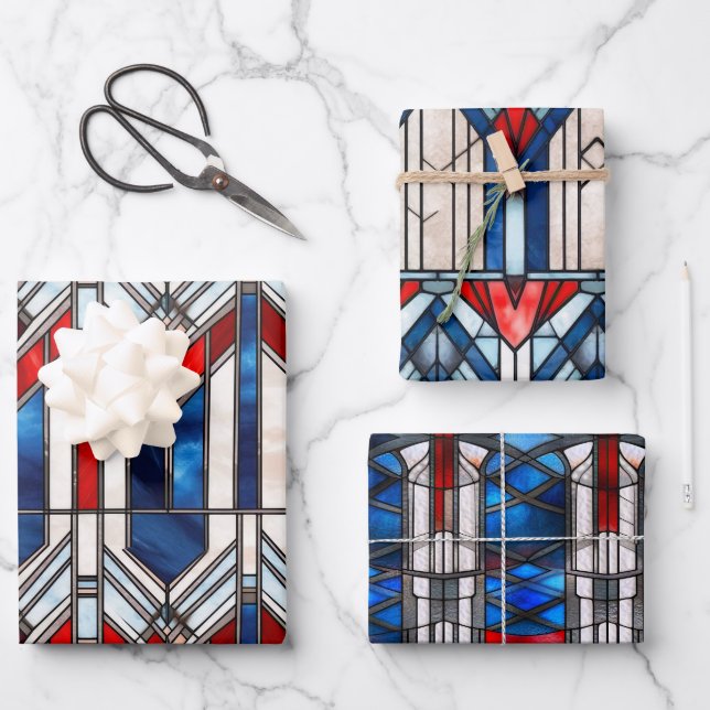 Red White Blue Patriotic Stained Glass 4th of July Wrapping Paper Sheets (Front)