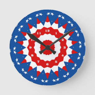 Red White Blue Patriotic Star Round Clock