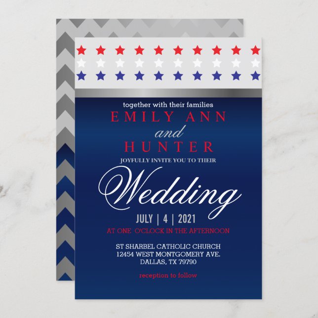 Red, White & Blue Patriotic Star Wedding Invitation (Front/Back)
