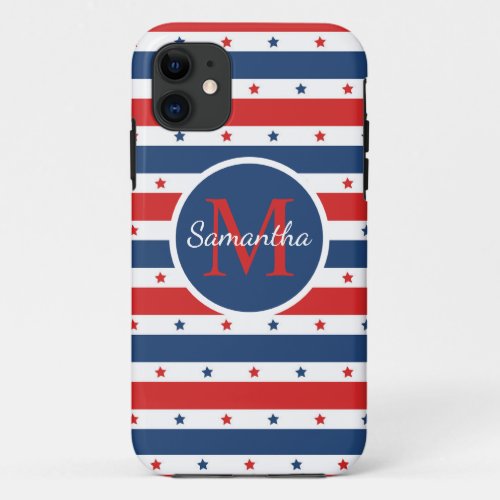 Red White Blue Patriotic stars stripes monogram iPhone 11 Case