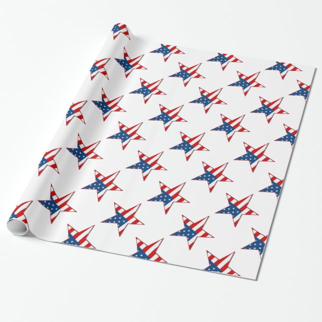Red White & Blue Patriotic Stars Wrapping Paper (Unrolled)