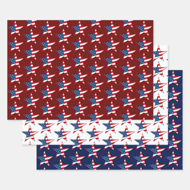 Red White & Blue Patriotic Stars Wrapping Paper Sheets (Set)