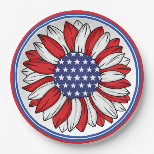 Red, White, Blue Patriotic Sunflower Paper Plates