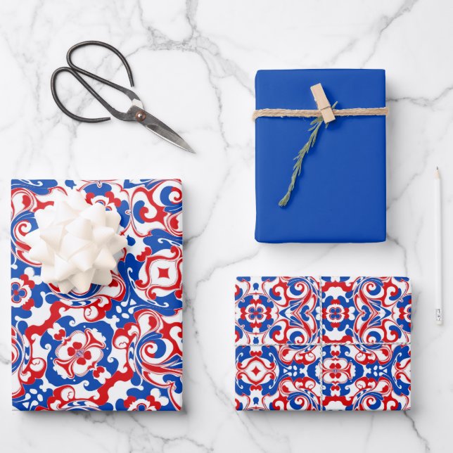 Red, White & Blue Pattern Wrapping Paper Sheets (Front)