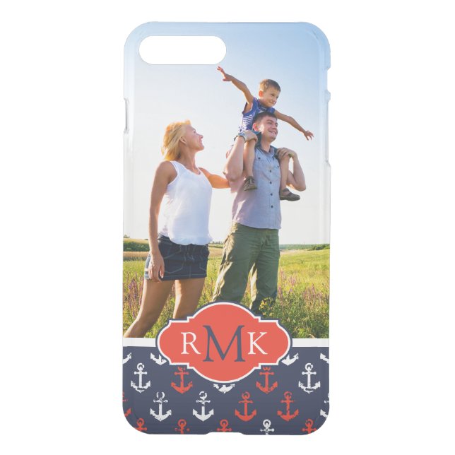 Red White & Blue Pattern| Your Photo & Monogram Uncommon iPhone Case (Back)