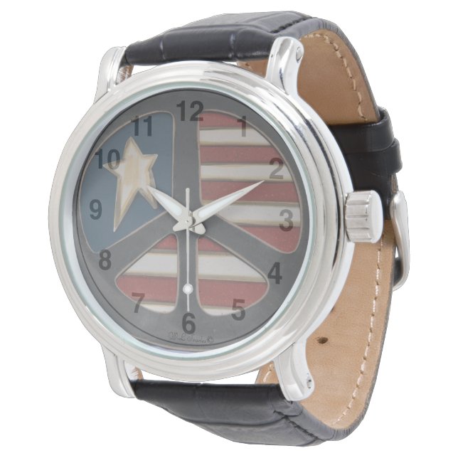 Red White Blue Peace - Men's Black Leather Watch (Angled)