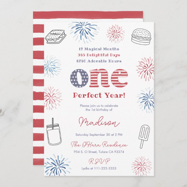 Red White Blue Perfect Year 1st Birthday Party Invitation (Front/Back)