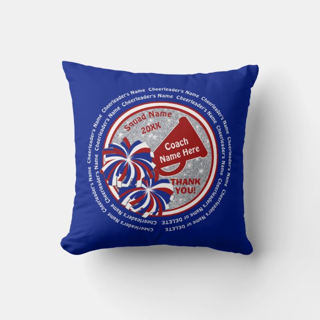 Red, White, Blue Personalized Cheer Coach Presents Throw Pillow (Front)