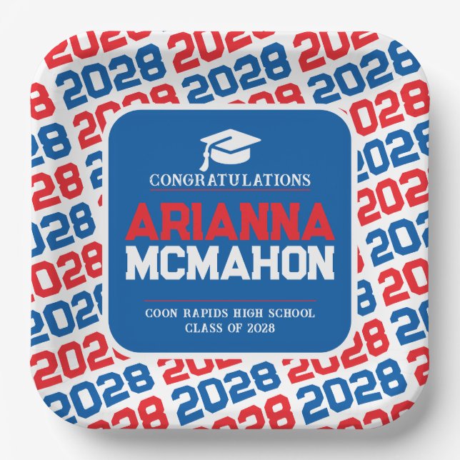 Red, White & Blue Personalized Graduation Pape Paper Plates (Front)