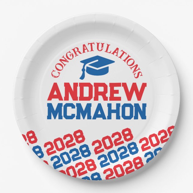 Red, White & Blue Personalized Graduation Paper Plates (Front)