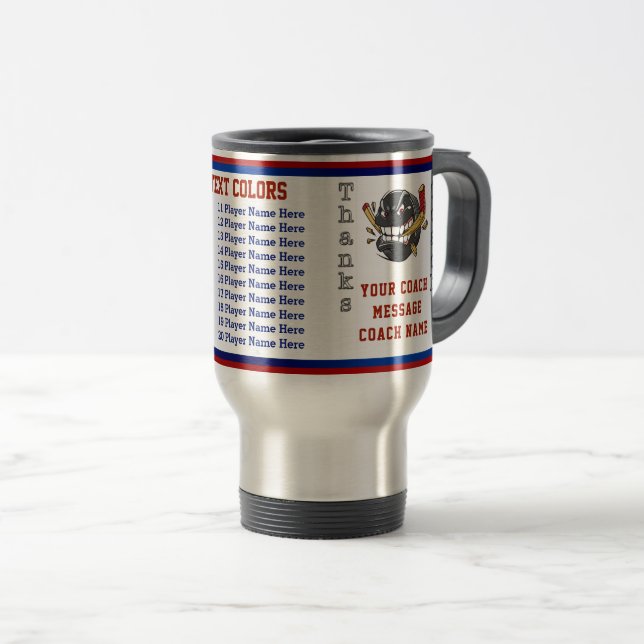 Red, White, Blue Personalized Hockey Coach Gifts Travel Mug (Front Right)