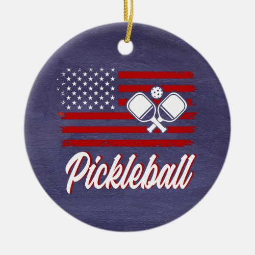 Red White Blue Pickleball Christmas Ceramic Ornament