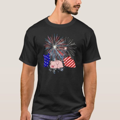 Red White Blue Pig Fireworks Patriotic 4th Of July T_Shirt