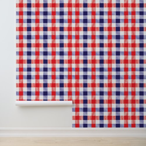 Red White Blue Plaid Gingham Checkered Pattern DIY Wallpaper