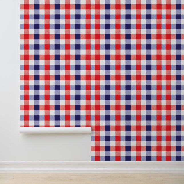 Red White Blue Plaid Gingham Checkered Pattern DIY Wallpaper (Application)