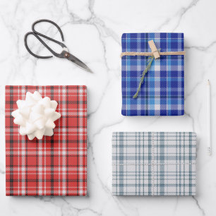 Red White Blue Plaid Wrapping Paper Set of 3