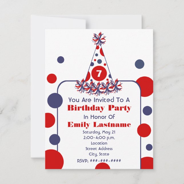 Red White & Blue Polka Dot Birthday Party Hat Invitation (Front)
