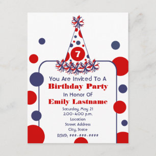 Red White & Blue Polka Dot Birthday Party Hat Invitation
