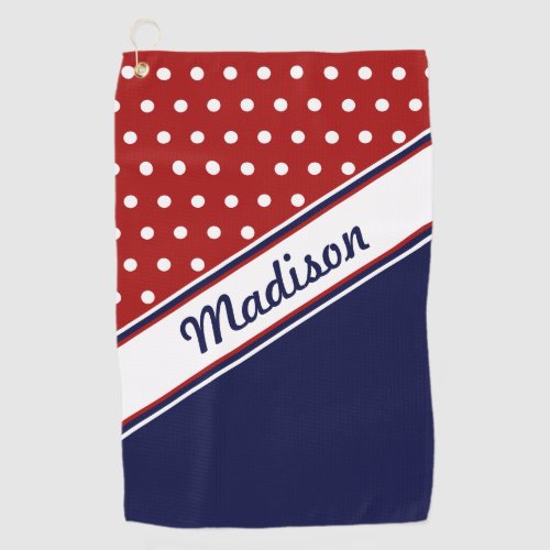 Red White Blue Polka Dot Monogram Womens Golf Towel