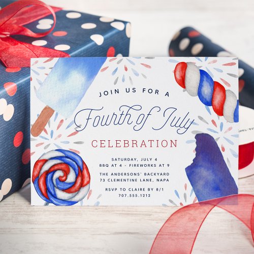 Red White  Blue Popsicle Fourth of July Party Invitation
