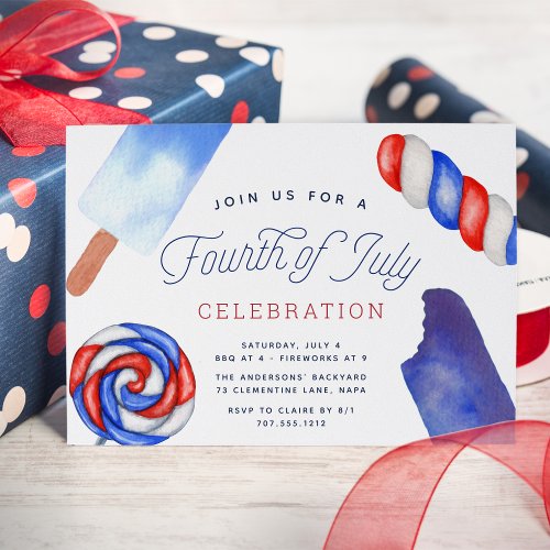 Red White  Blue Popsicle Fourth of July Party Invitation