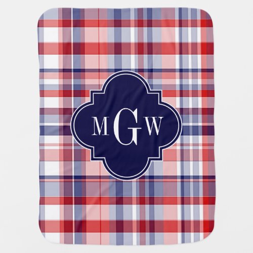 Red White Blue Preppy Madras Monogram Baby Blanket