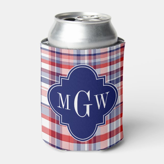 Red White Blue Preppy Madras Monogram Can Cooler (Can Front)