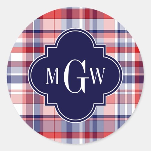 Red White Blue Preppy Madras Monogram Classic Round Sticker