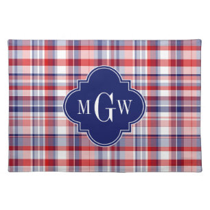 Red White Blue Preppy Madras Monogram Cloth Placemat