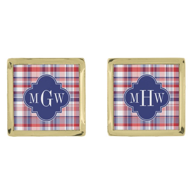 Red White Blue Preppy Madras Monogram Cufflinks (Front)