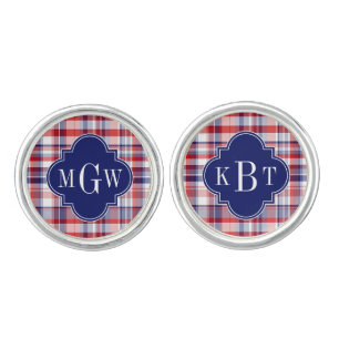 Red White Blue Preppy Madras Monogram Cufflinks