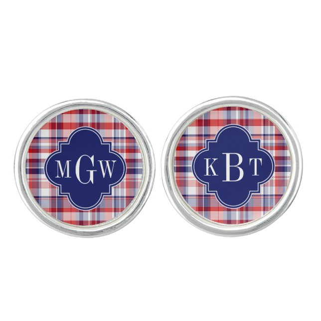 Red White Blue Preppy Madras Monogram Cufflinks (Front)