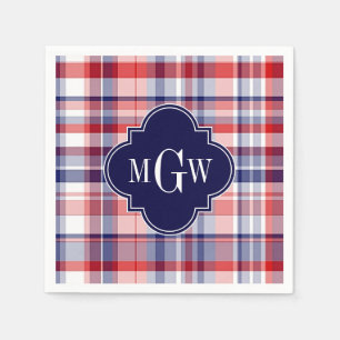Red White Blue Preppy Madras Monogram Napkins