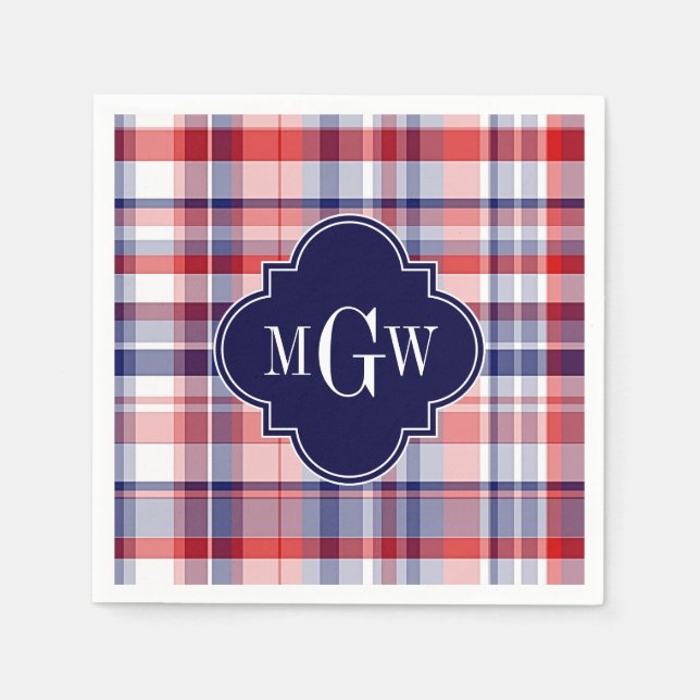 Red White Blue Preppy Madras Monogram Napkins (Front)