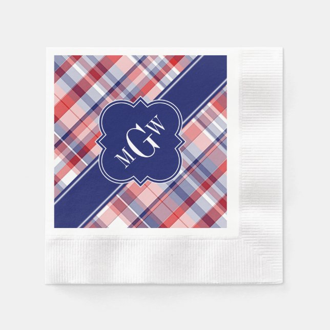 Red White Blue Preppy Madras Monogram Napkins (Front)