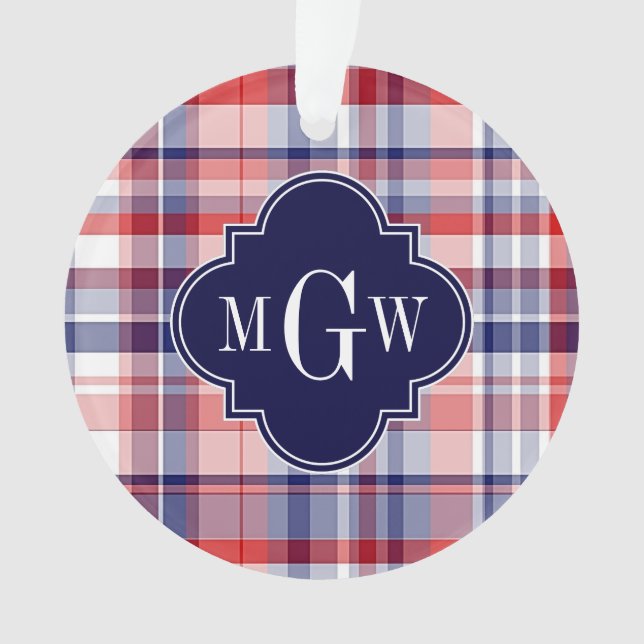 Red White Blue Preppy Madras Monogram Ornament (Front)