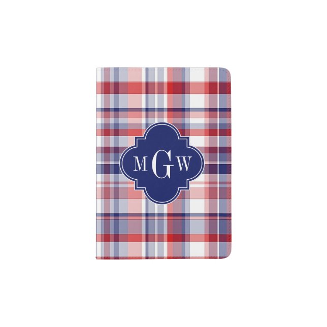 Red White Blue Preppy Madras Monogram Passport Holder (Front)