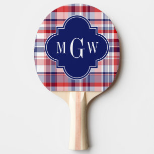 Red White Blue Preppy Madras Monogram Ping-Pong Paddle
