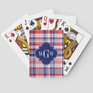 Red White Blue Preppy Madras Monogram Poker Cards