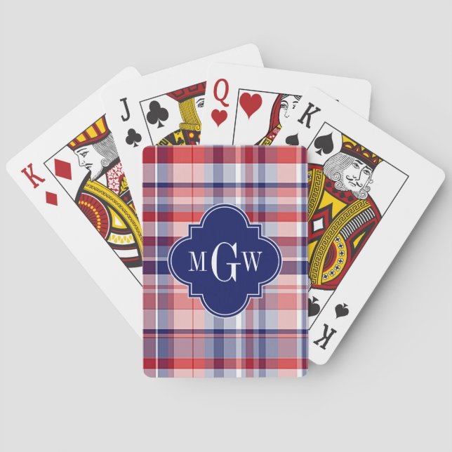 Red White Blue Preppy Madras Monogram Poker Cards (Back)
