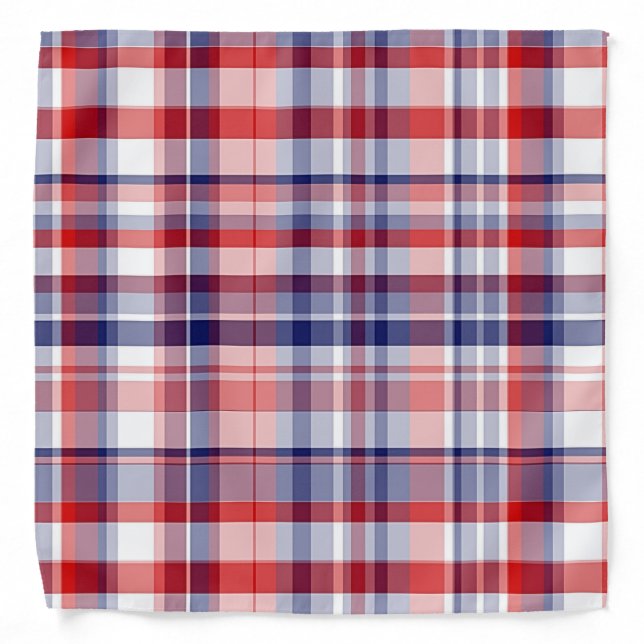 Red, White, Blue Preppy Madras Plaid Bandana (Front)