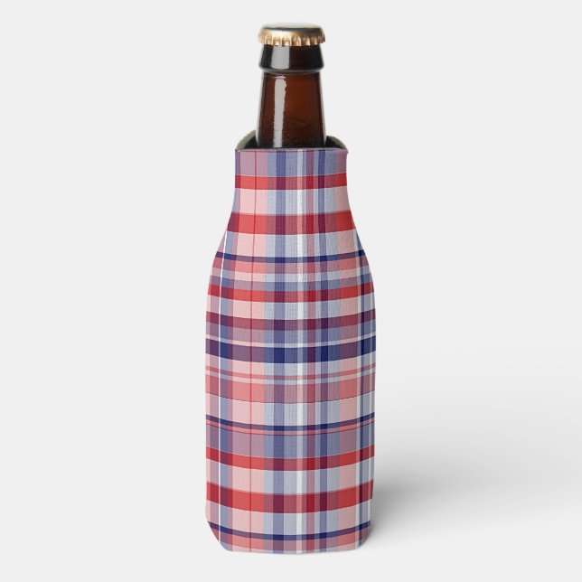 Red, White, Blue Preppy Madras Plaid Bottle Cooler (Bottle Front)